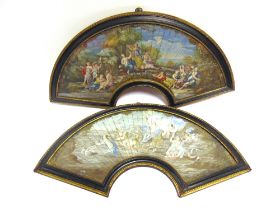 TWO PAINTED FAN LEAVES late 18th or early 19th century, one depicting a classical goddess in a