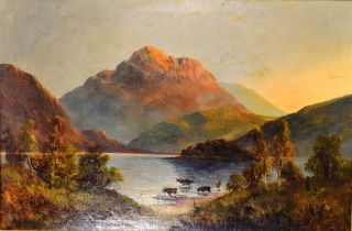 WILLIAM LANGLEY (BRITISH, 1852-1922) Cattle watering in a Highland landscape, oil on canvas,