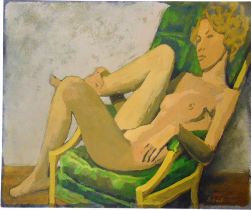ERNEST NEUSCHUL (CZECH, 1895-1968) Young woman reclining in a green chair, 1961, oil on board,