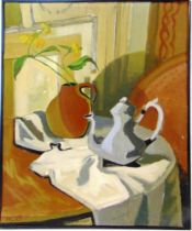 ERNEST NEUSCHUL (CZECH, 1895-1968) Still life with coffee pot and yellow flowers, circa 1946-47, oil