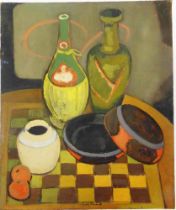 ERNEST NEUSCHUL (CZECH, 1895-1968) Still life with carafe, pots, bowls and oranges, undated [circa