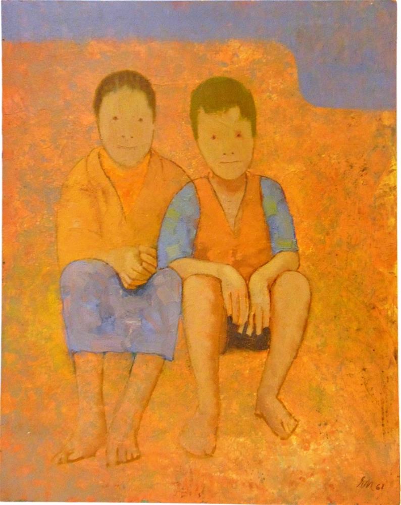 ERNEST NEUSCHUL (CZECH, 1895-1968) Two seated children, 1961, oil on board, signed 'EN' and