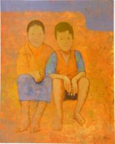 ERNEST NEUSCHUL (CZECH, 1895-1968) Two seated children, 1961, oil on board, signed 'EN' and