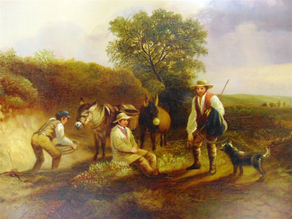 BRITISH SCHOOL (19TH CENTURY) A break in the journey: figures with donkeys on a rural track, oil - Image 2 of 9