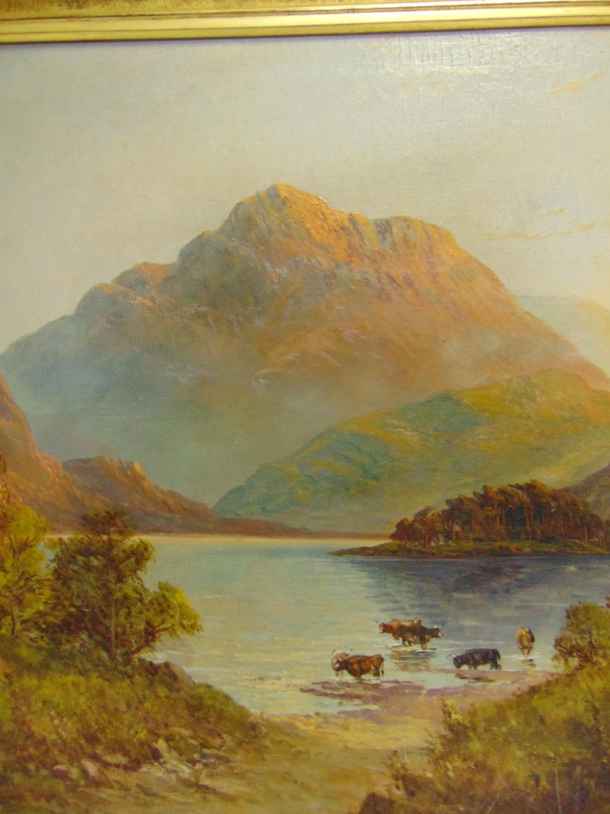 WILLIAM LANGLEY (BRITISH, 1852-1922) Cattle watering in a Highland landscape, oil on canvas, - Image 9 of 12