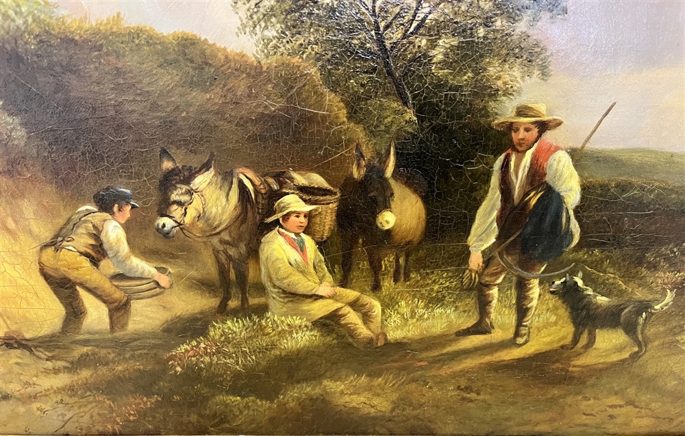BRITISH SCHOOL (19TH CENTURY) A break in the journey: figures with donkeys on a rural track, oil - Image 5 of 9