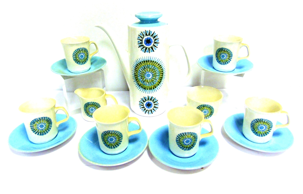 A J. & G. MEAKIN STUDIO 'AZTEC' PATTERN COFFEE SERVICE comprising a coffee pot, milk or cream jug,