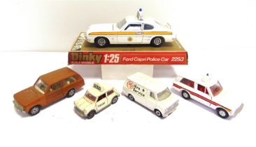 FIVE DINKY DIECAST MODEL VEHICLES comprising a 1/25 scale No.2253, Ford Capri Police Car,