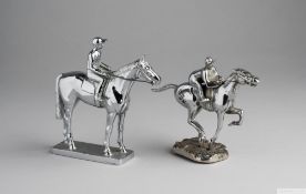 Two chromium-plated racehorse and jockey car mascots,