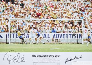 Pele and Gordon Bank signed colour photograph 'The Greatest Save Ever'