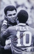 Edson Pele large black and white portrait photograph of Pele embracing Muhammad Ali