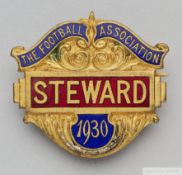 A gilt-metal & enamel Football Association steward's badge, 1930