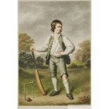 Portrait of a young Lewis Cage standing beside a makeshift two stump wicket by L Busiere,