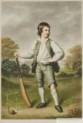 Portrait of a young Lewis Cage standing beside a makeshift two stump wicket by L Busiere,