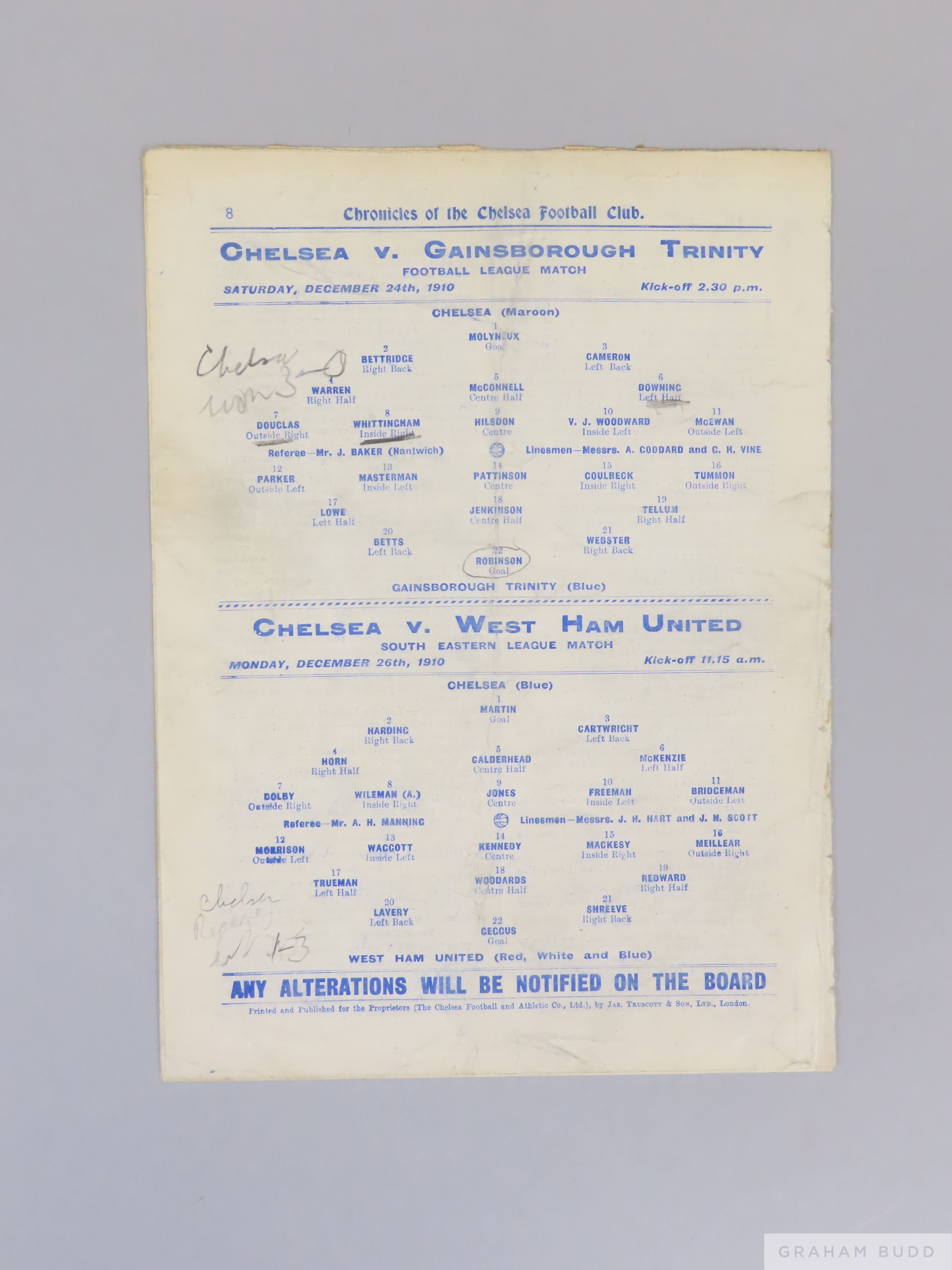 Chelsea v. Gainsborough Trinity and West Ham United match programme, 24th and 26th December 1910 - Image 2 of 2