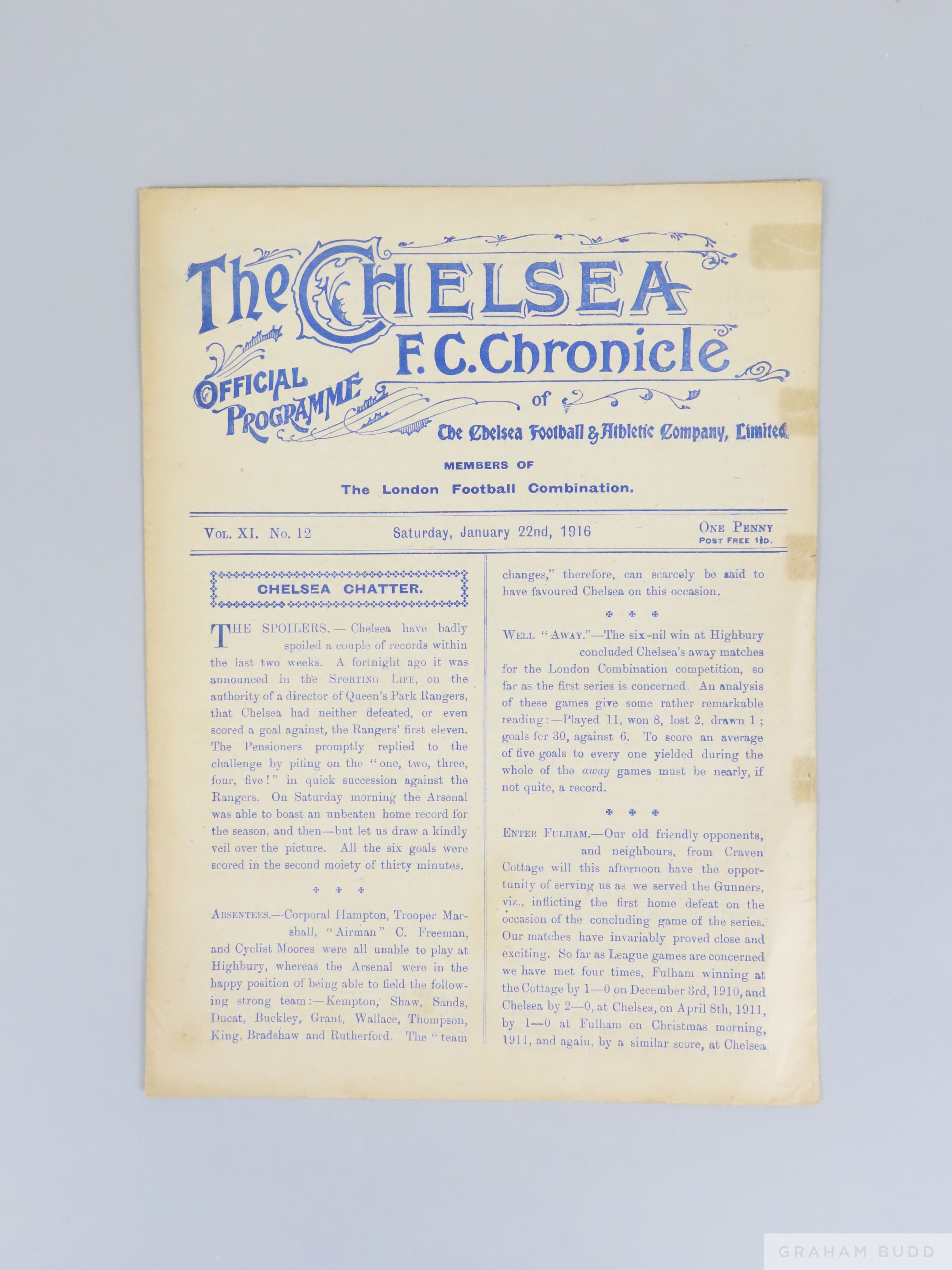 Chelsea v. Fulham, London Football Combination match programme, 22nd January 1916