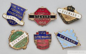 Six gilt-metal and enamel Football Association Wembley Stewards badges, 1950s