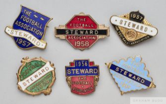 Six gilt-metal and enamel Football Association Wembley Stewards badges, 1950s