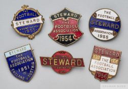 Six gilt-metal and enamel Football Association Stewards badges, 1950s