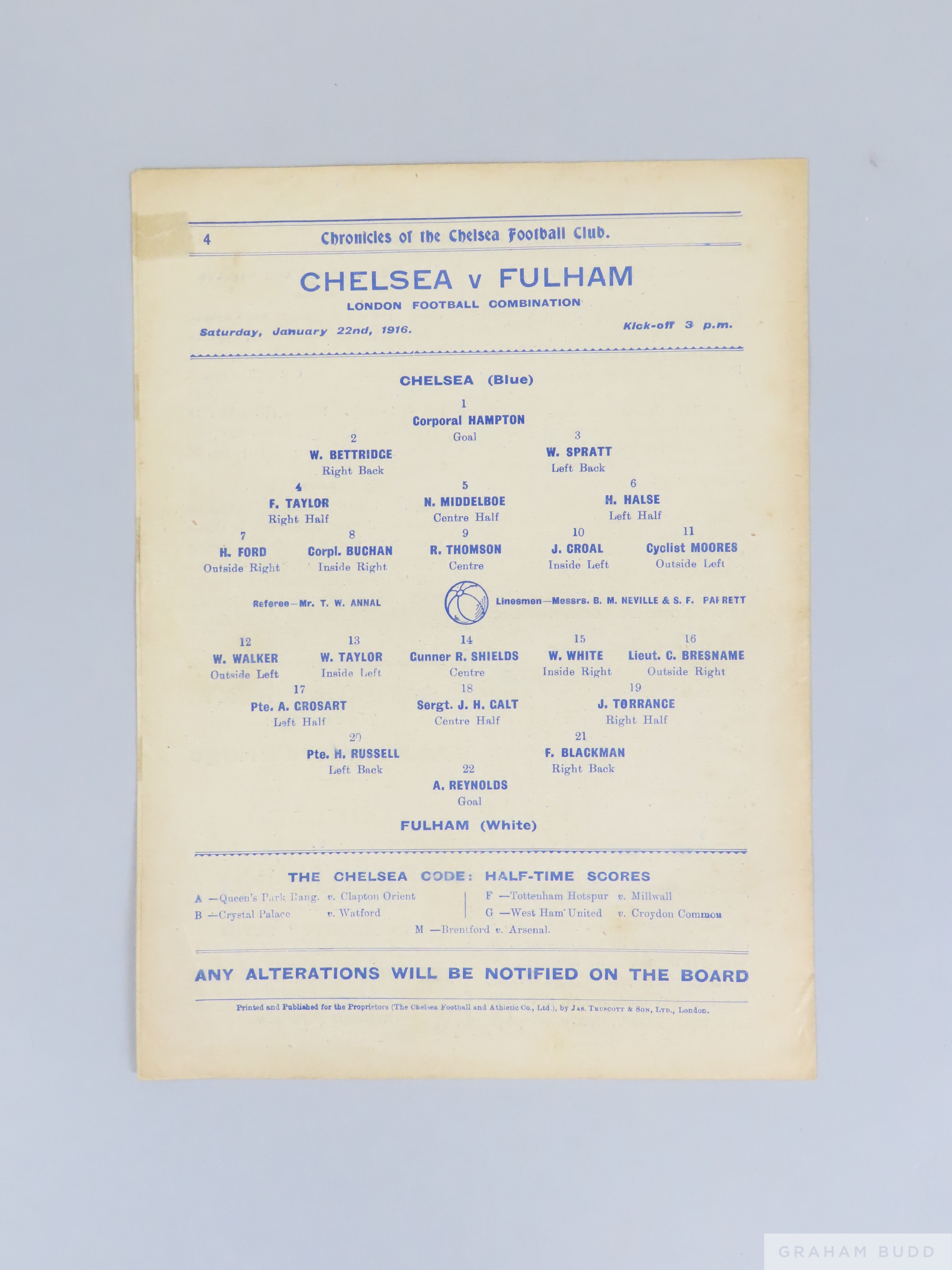 Chelsea v. Fulham, London Football Combination match programme, 22nd January 1916 - Image 2 of 2