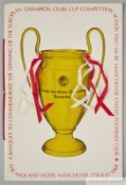 Autographed Manchester United 1968 European Cup Final celebration banquet menu