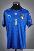 Giorgio Chiellini blue No.3 Italy Euro 2020 semi-final match issued short-sleeved shirt