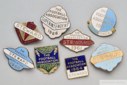 Eight gilt-metal and enamel Football Association Wembley Stewards badges, 1960s