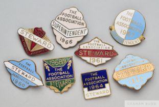 Eight gilt-metal and enamel Football Association Wembley Stewards badges, 1960s