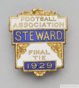 A gilt-metal & enamel Football Association steward's badge, 1929