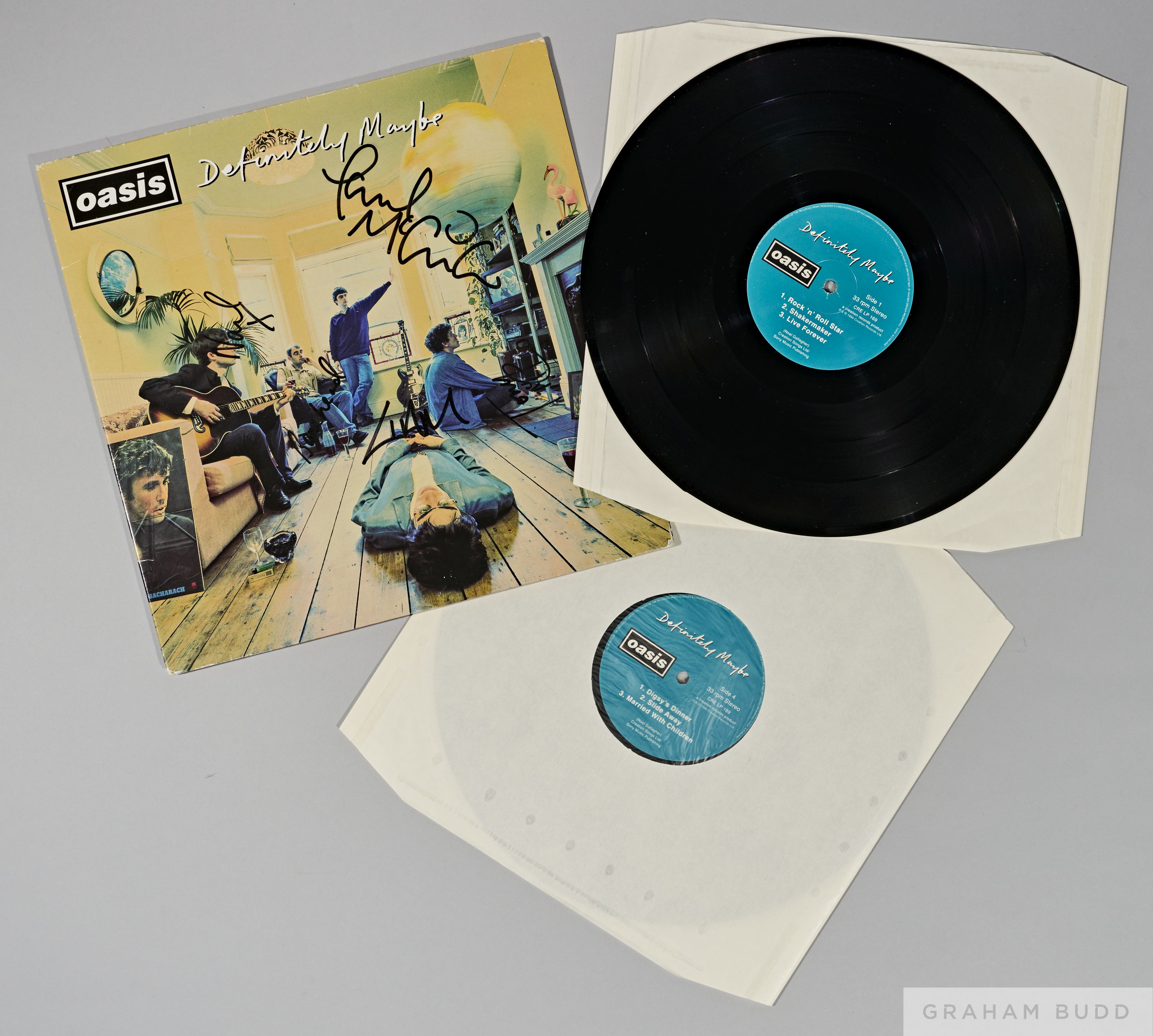 A first pressing of Oasis- Definitely Maybe, Creation Records1994 signed by all five original membe