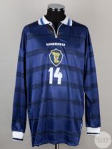 Eoin Jess blue and white No.14 Scotland long-sleeved shirt, 1998