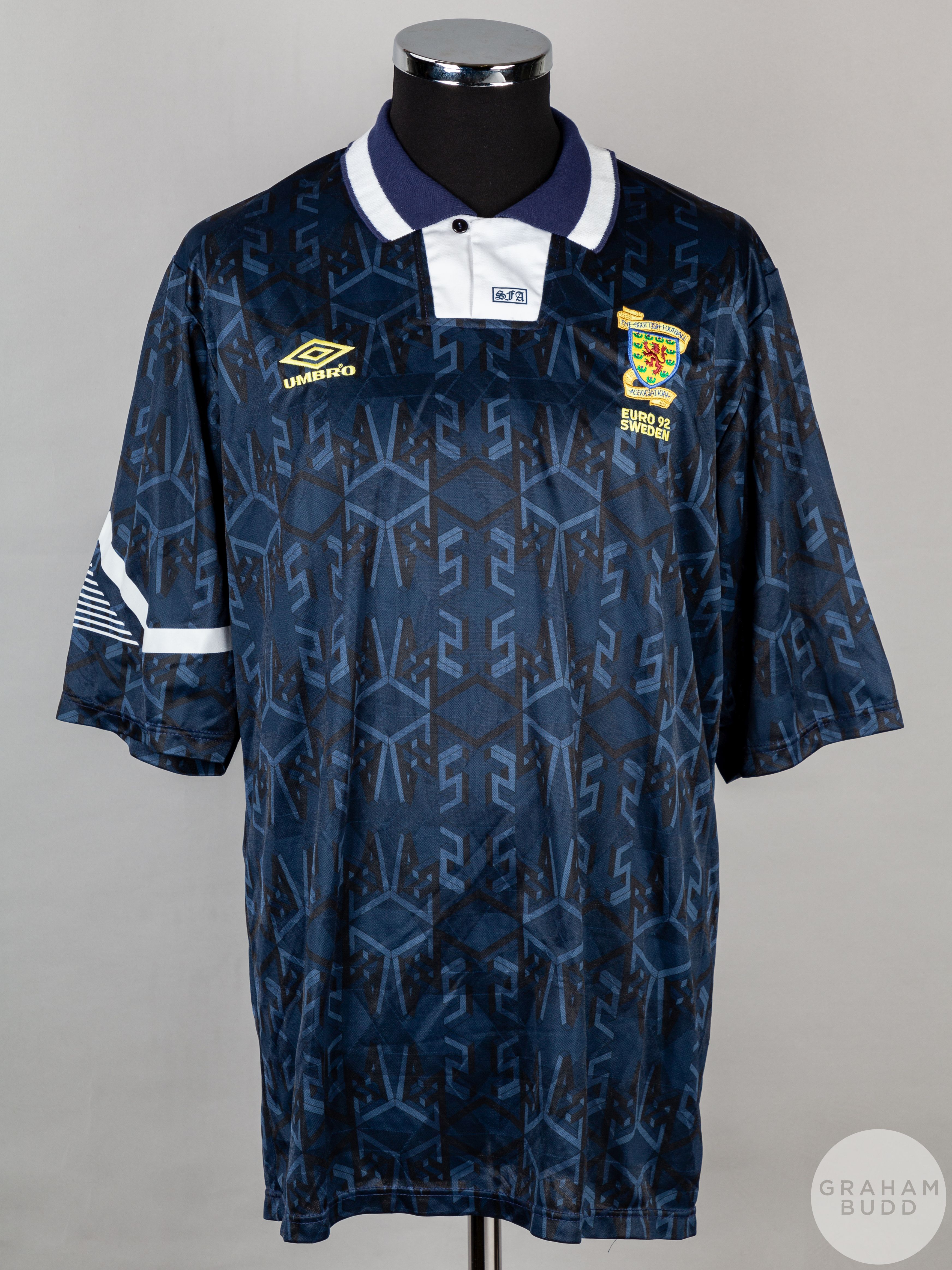 Blue and white un-numbered Scotland Euro 92 short-sleeved shirt, 1992