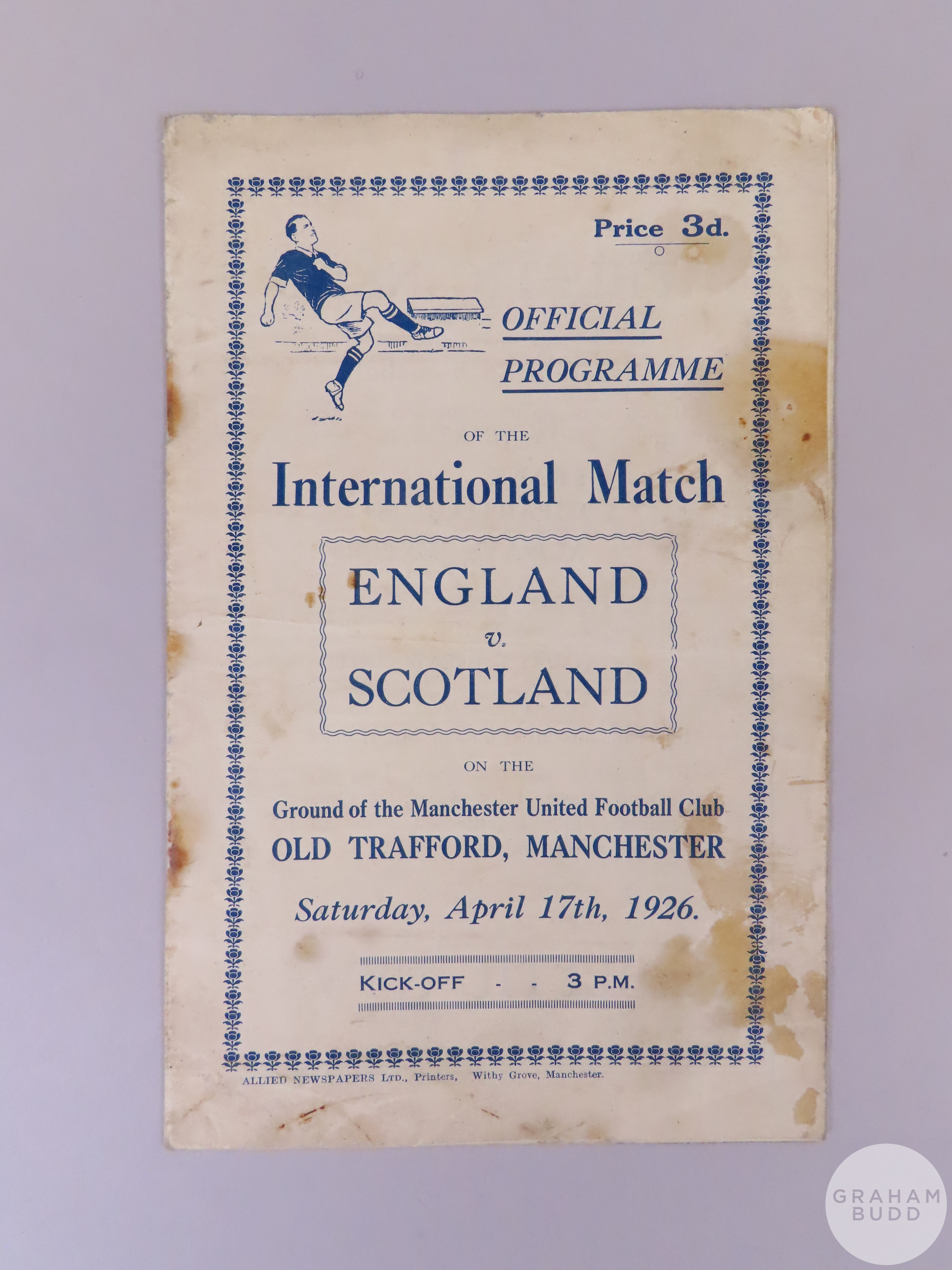 England v Scotland International match programme, 17th April 1926