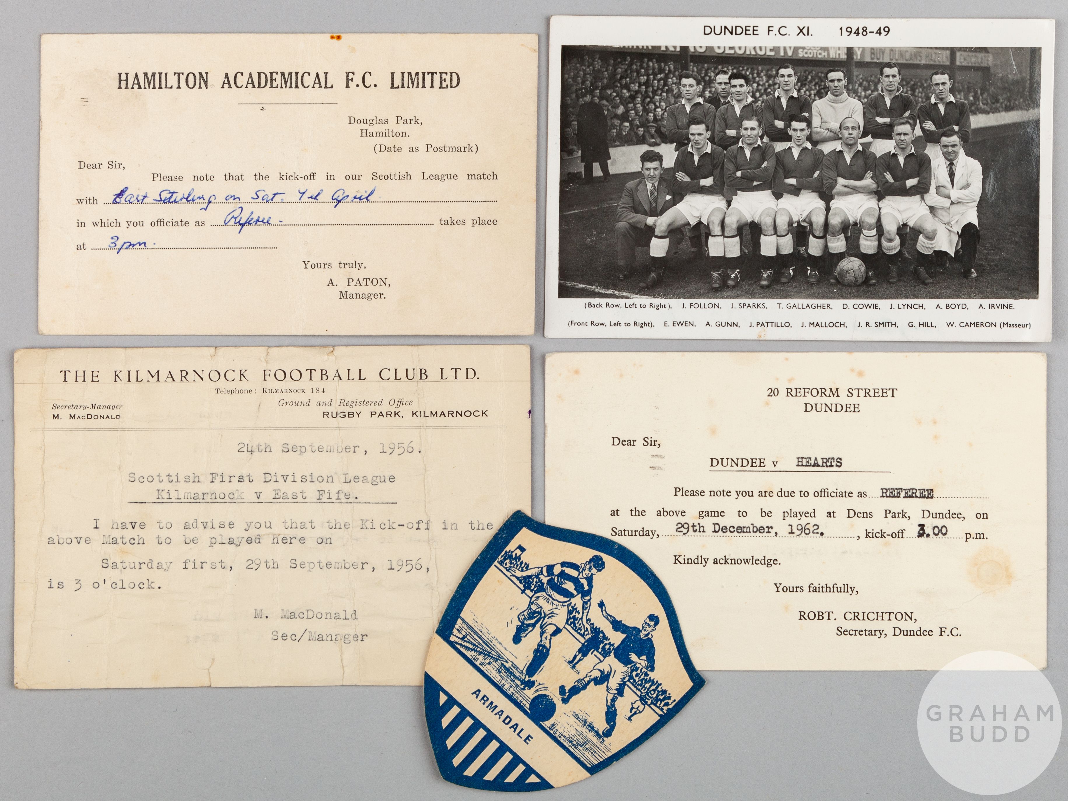 Dundee F.C. XI autographed black and white postcard, 1948-49