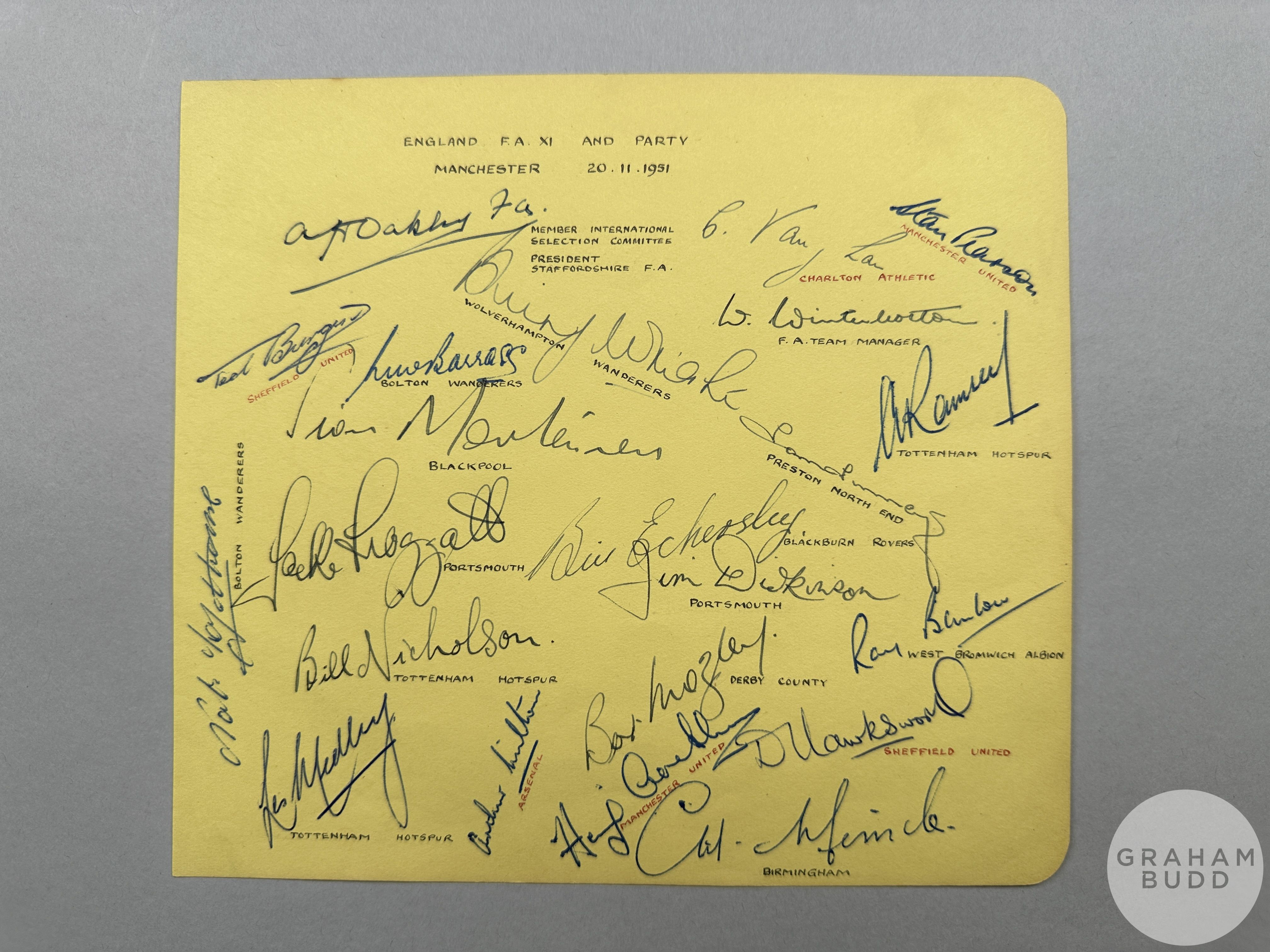 Page of England player autographs 20th November 1951