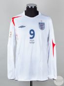 Wayne Rooney white No.9 England match issued long-sleeve shirt, 2006