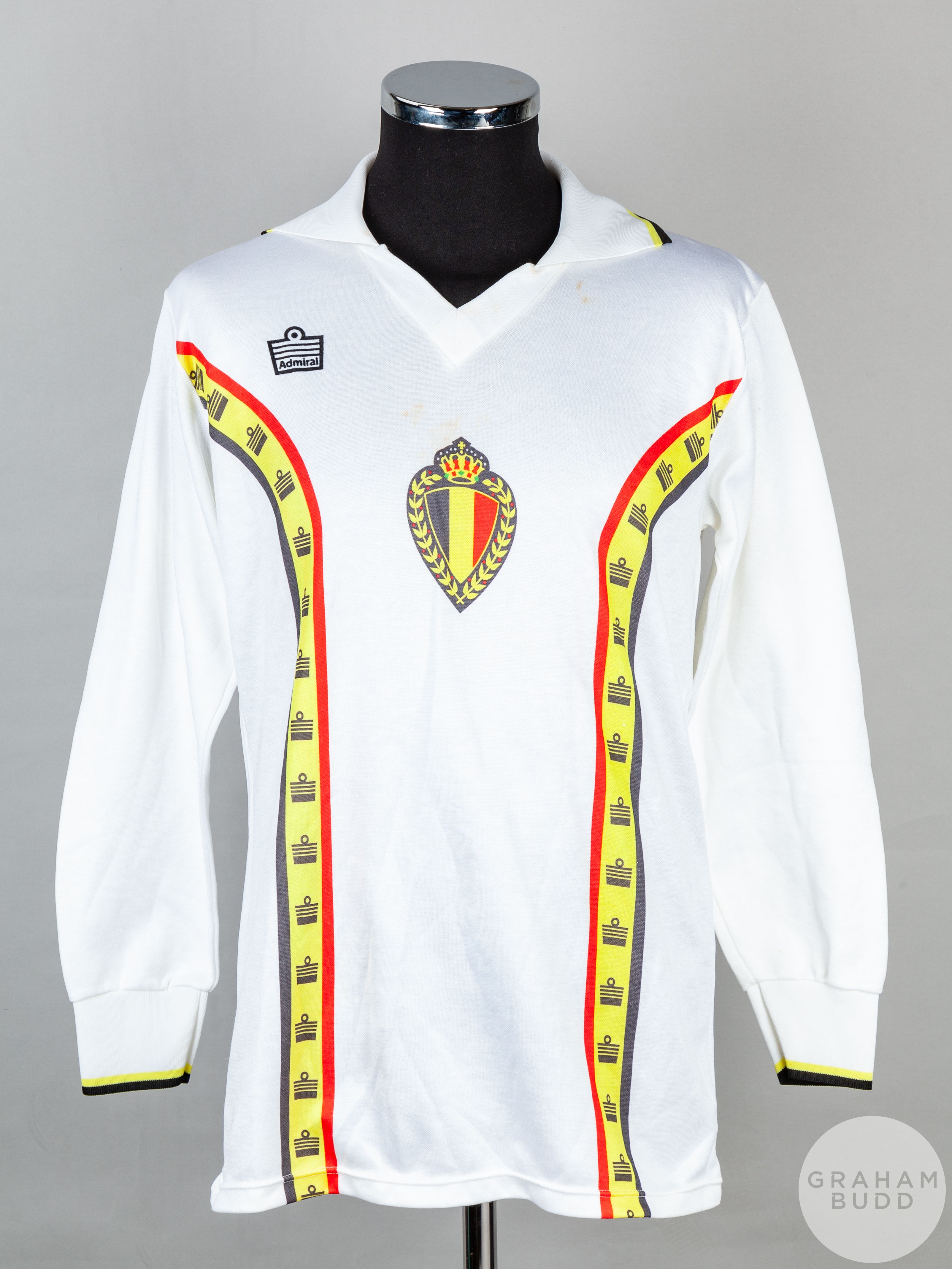 Walter Meeuws white No.4 Belgium v. Scotland long-sleeved shirt, 1982,