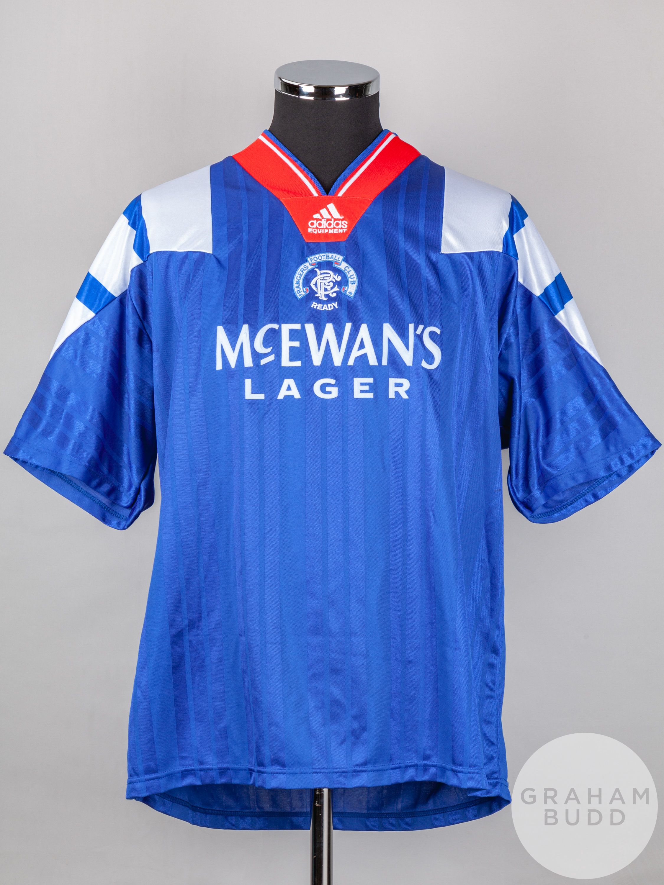 John Brown blue, white and red No.6 Rangers short-sleeved shirt, 1992-94,