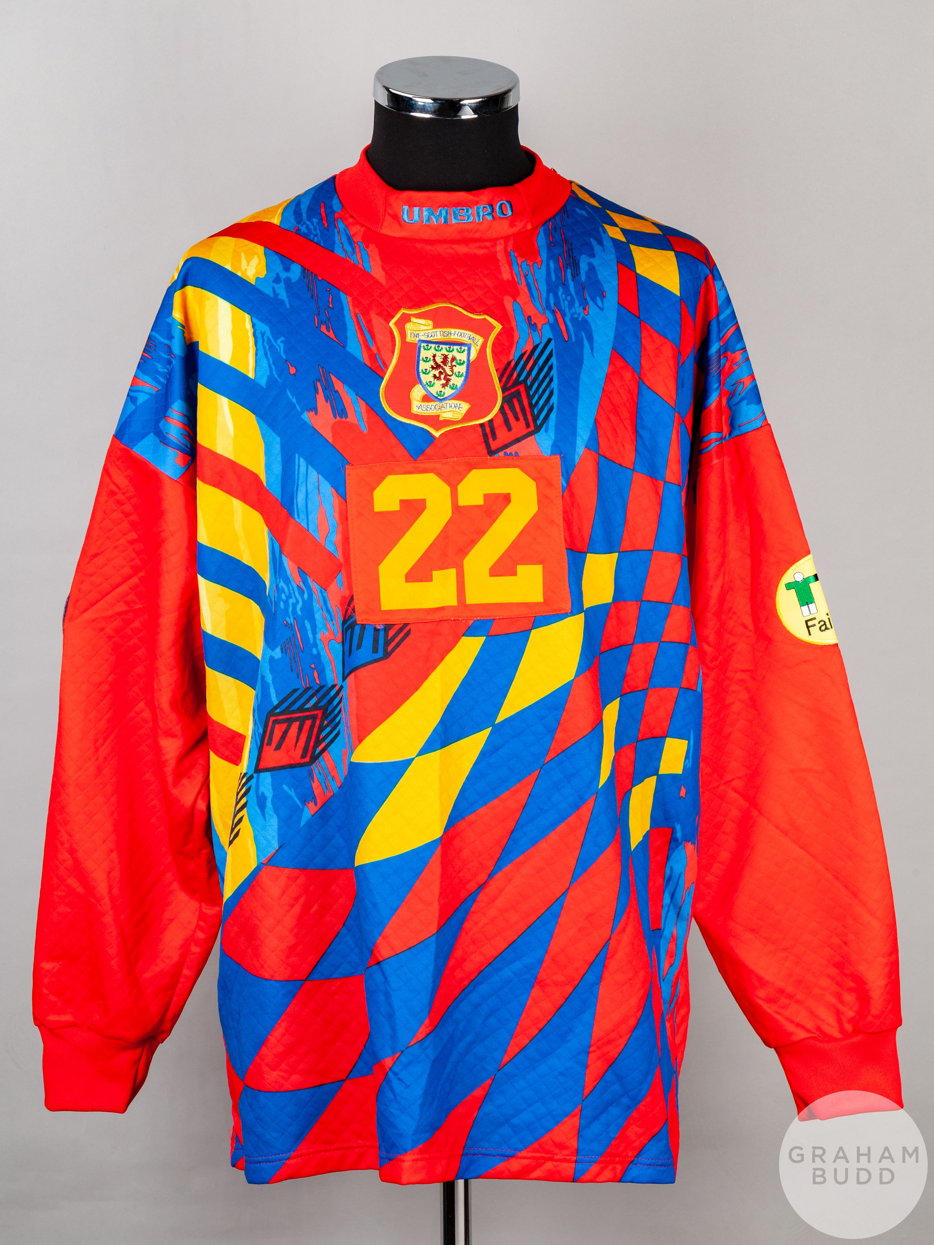 Nicky Walker multi-coloured No.22 official Scotland Euro 96 match issued goalkeepers shirt