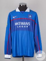 Brian Laudrup blue and white No.11 Rangers long-sleeved shirt, 1997-98