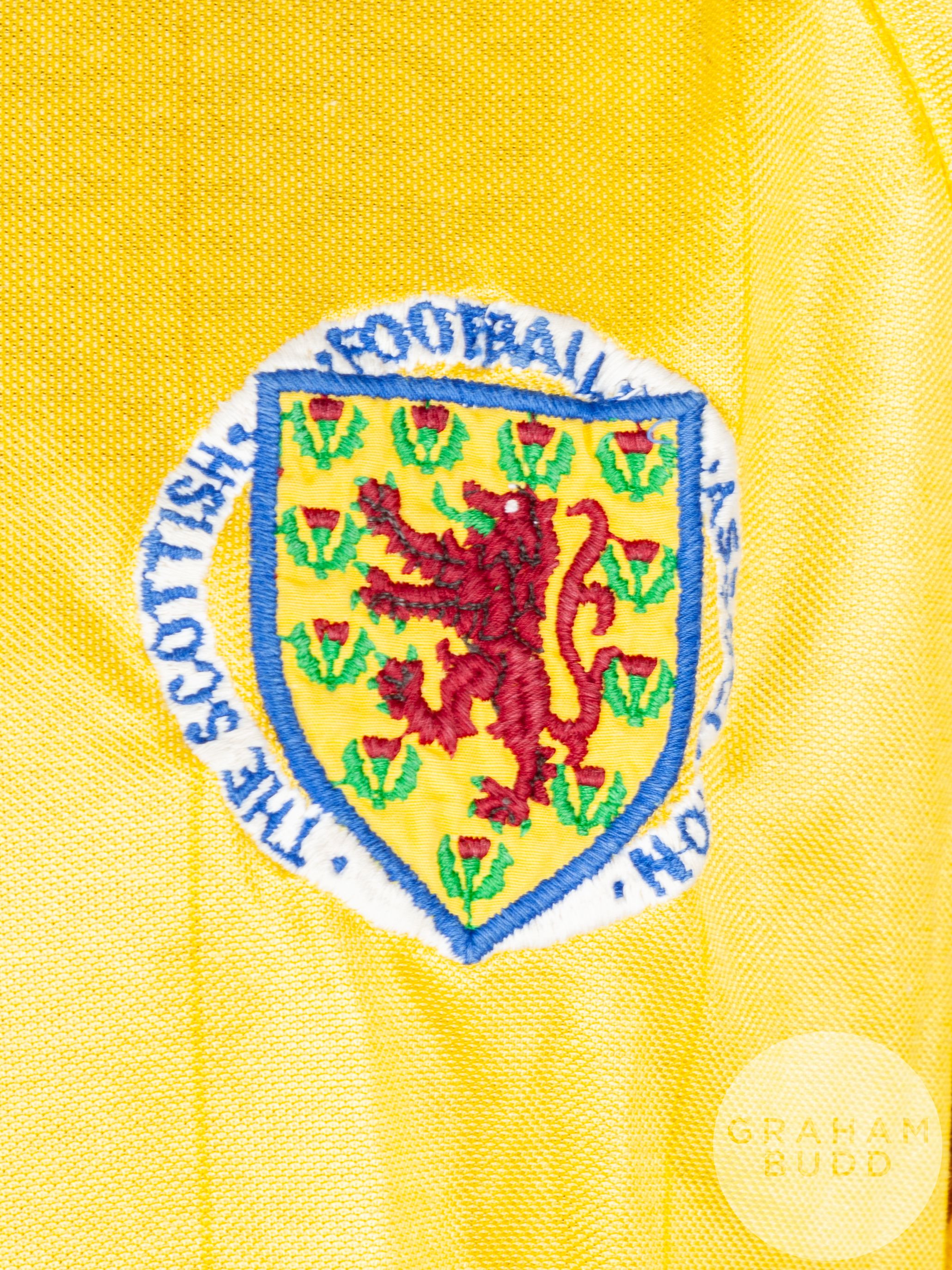 Andy Goram yellow and blue No.12 Scotland goalkeeper shirt, 1985 - Image 3 of 4