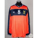 Salmon pink and blue No.8 Scotland international long-sleeved shirt, 1999-2000