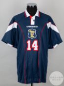 Blue and white No.14 Scotland international short-sleeved shirt, 1996-98