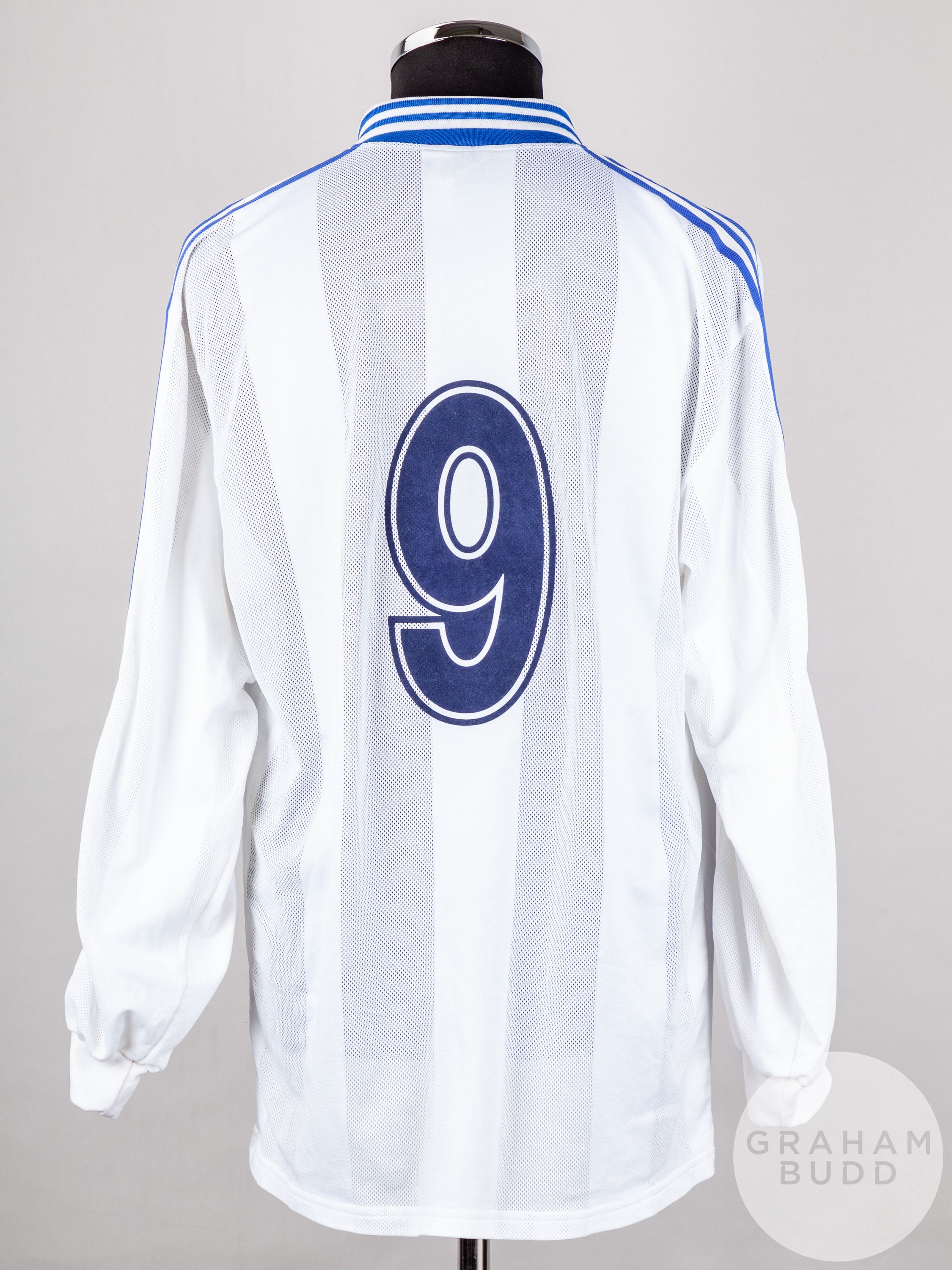 Lilian Laslandes white and blue No.9 Auxerre Champions League long-sleeved shirt - Image 2 of 5