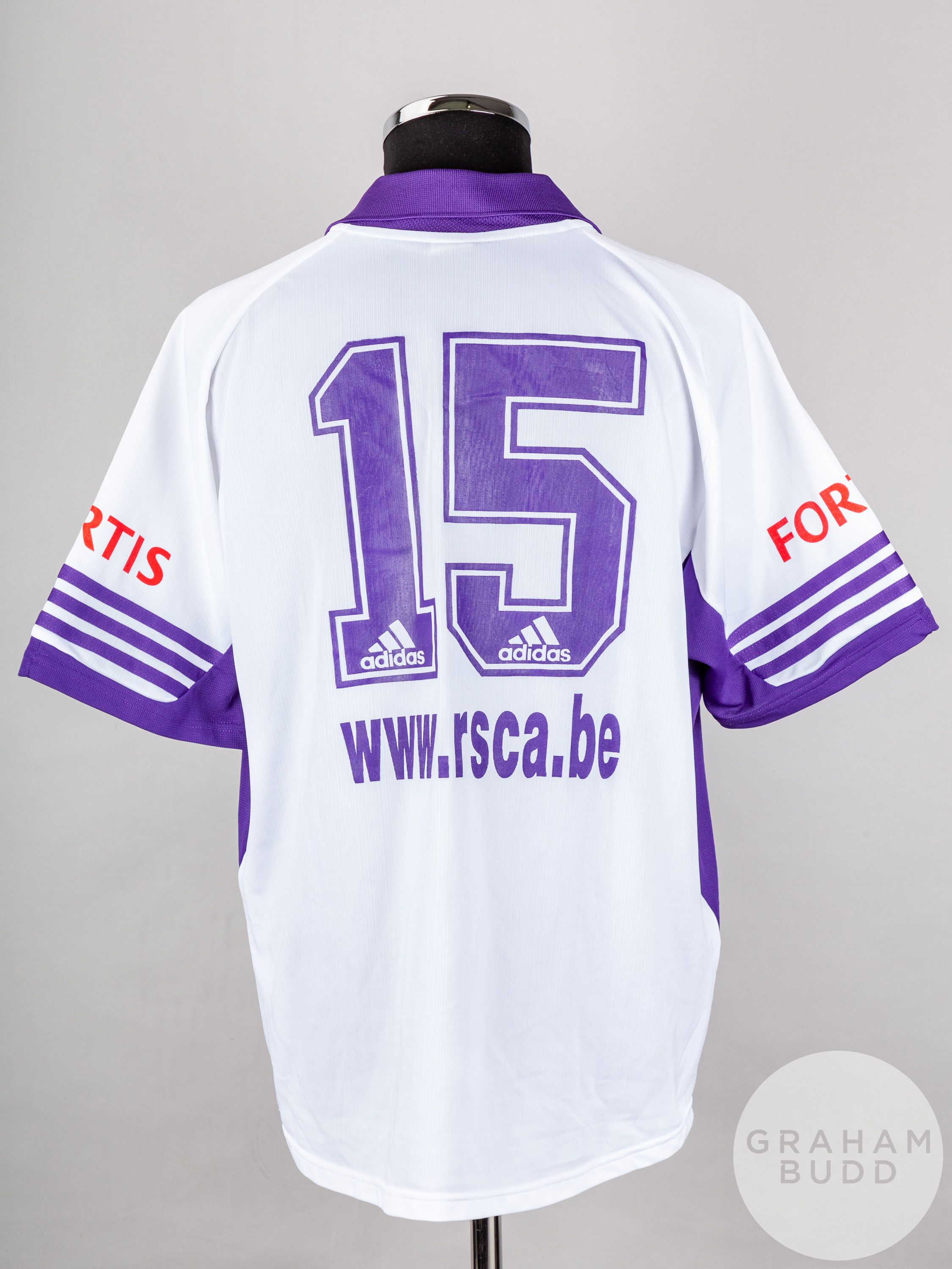 White and purple No.15 Anderlecht John Brown Testimonial short-sleeved shirt - Image 2 of 5