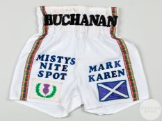 Ken Buchanan pair of white and tartan fight worn boxing shorts