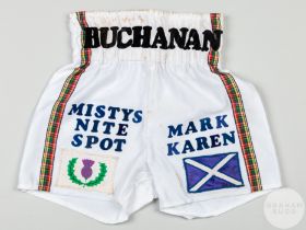 Ken Buchanan pair of white and tartan fight worn boxing shorts