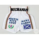 Ken Buchanan pair of white and tartan fight worn boxing shorts