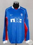 Ronald De Boer blue, white and red No.14 Rangers long-sleeved shirt,