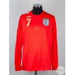 David Beckham red and white No.7 England match issued long-sleeve shirt, 2007